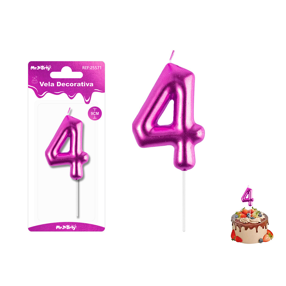 Velas con número 4 metalizadas rosado 9cm