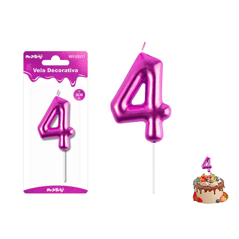 Velas con número 4 metalizadas rosado 9cm