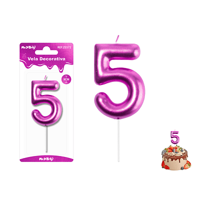 Velas con número 5 metalizadas rosado 9cm
