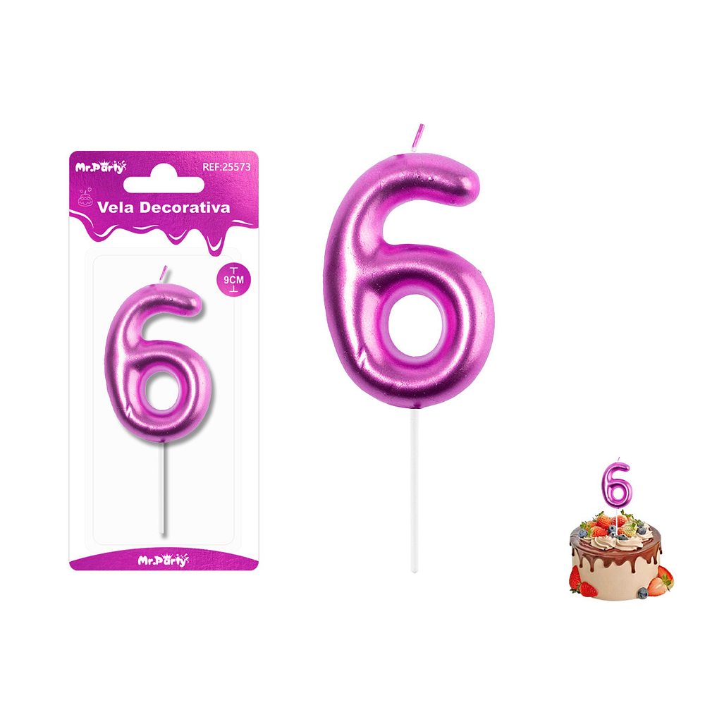 Velas con número 6 metalizadas rosado 9cm
