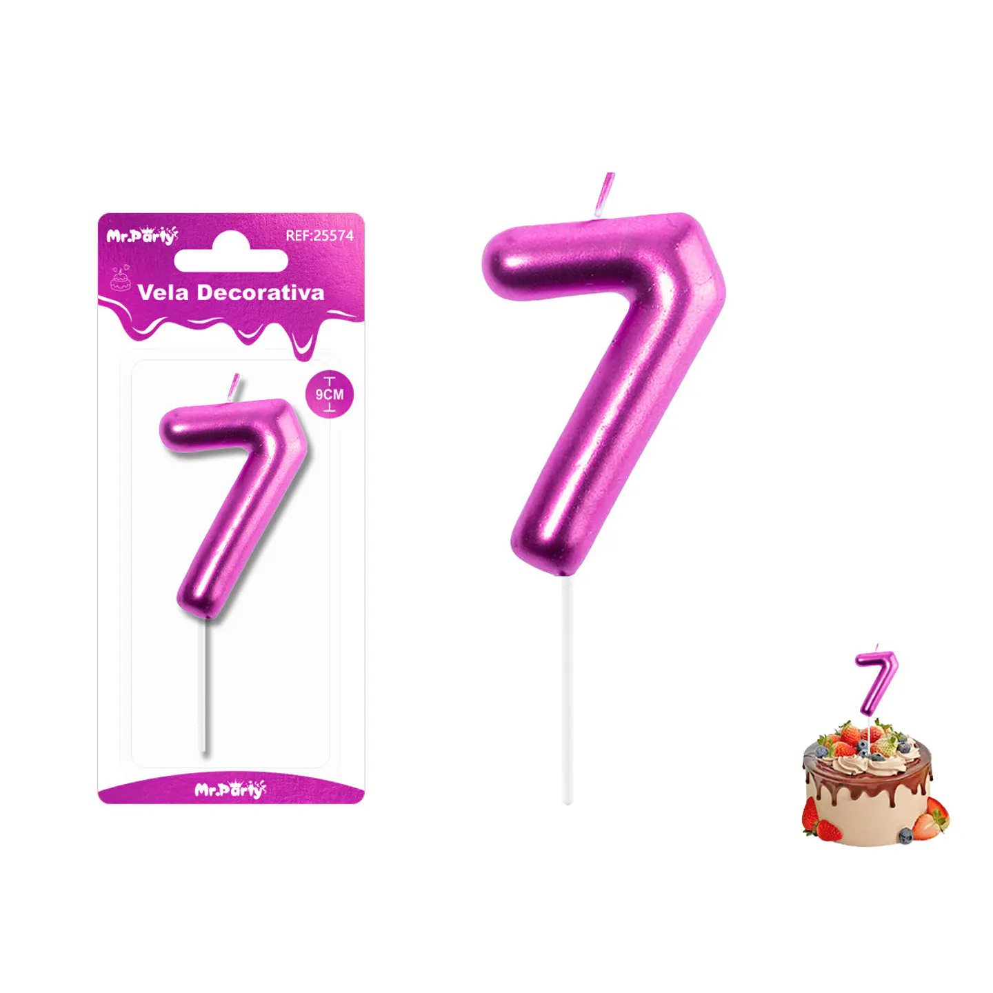 Velas con número 7 metalizadas rosado 9cm 1