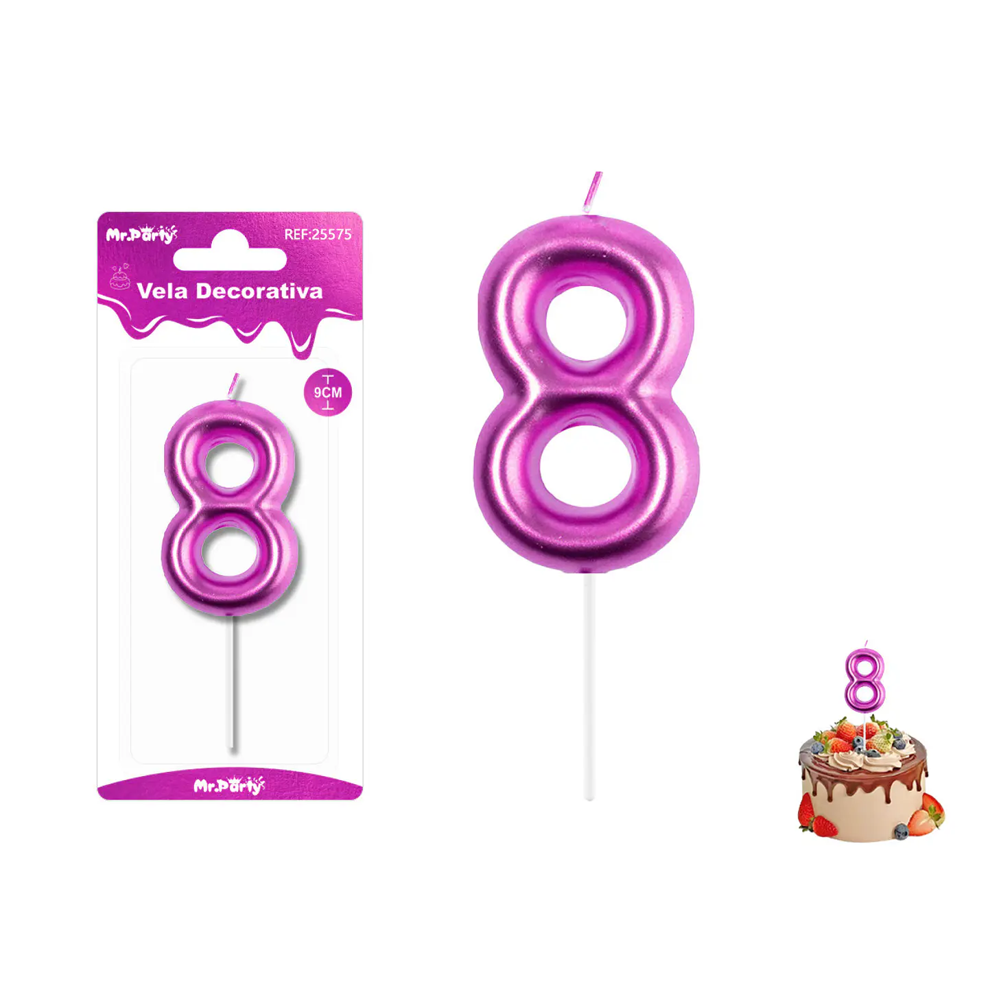 Velas con número 8 metalizadas rosado 9cm 1