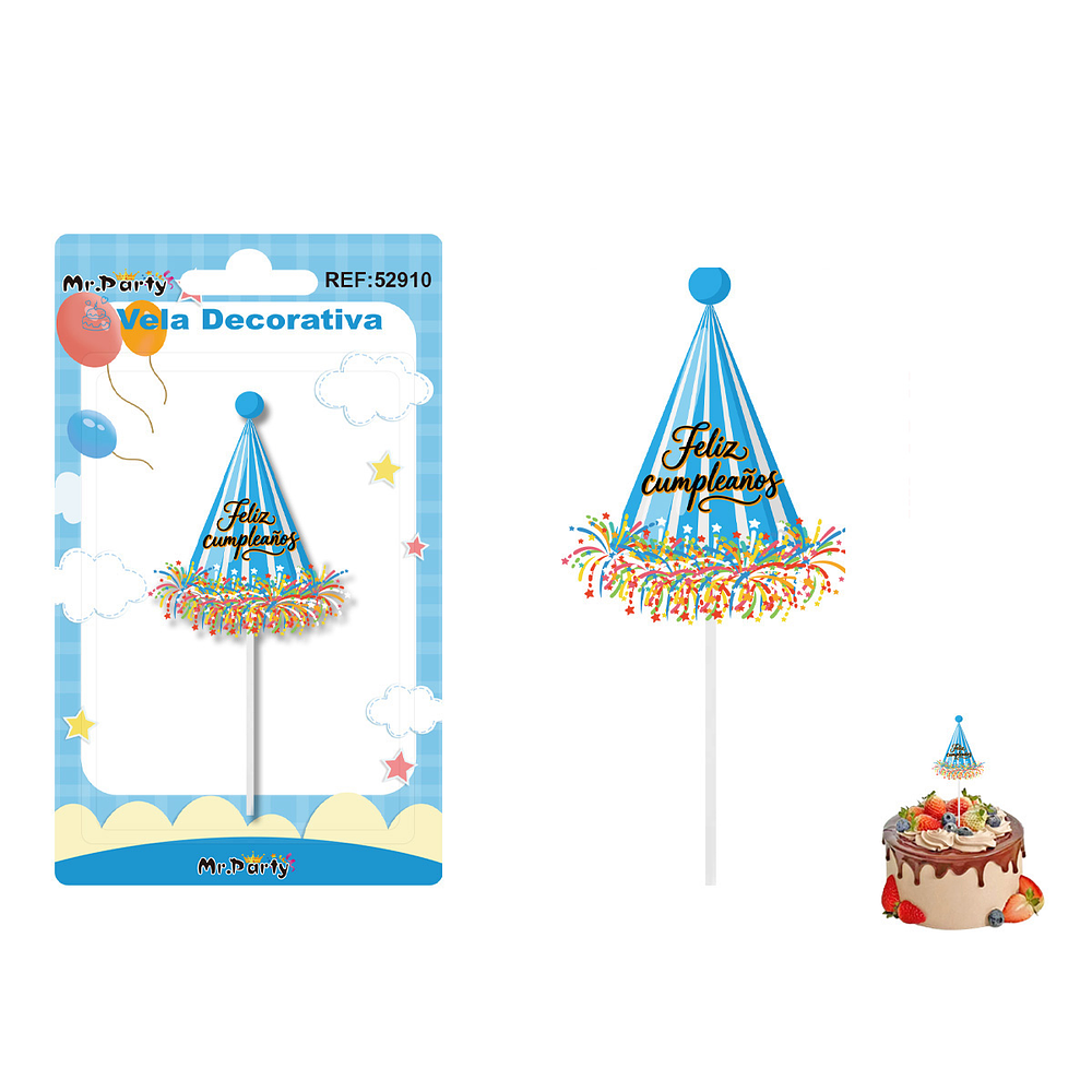Vela decorativa diseño gorro de cumpleaños azul con glitter 5.1*6.2cm