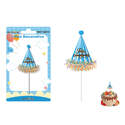 Vela decorativa diseño gorro de cumpleaños azul con glitter 5.1*6.2cm