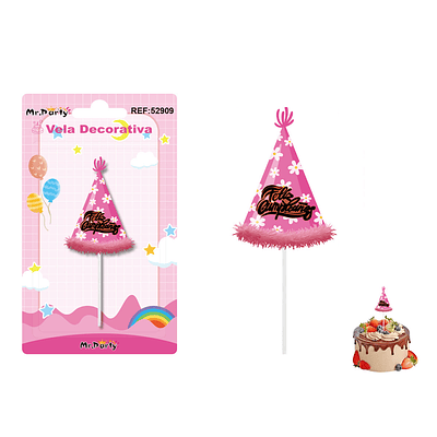 Vela decorativa diseño gorro de cumpleaños rosado con glitter 4.4*6.2cm