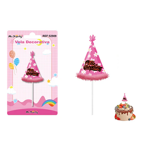 Vela decorativa diseño gorro de cumpleaños rosado con glitter 4.4*6.2cm