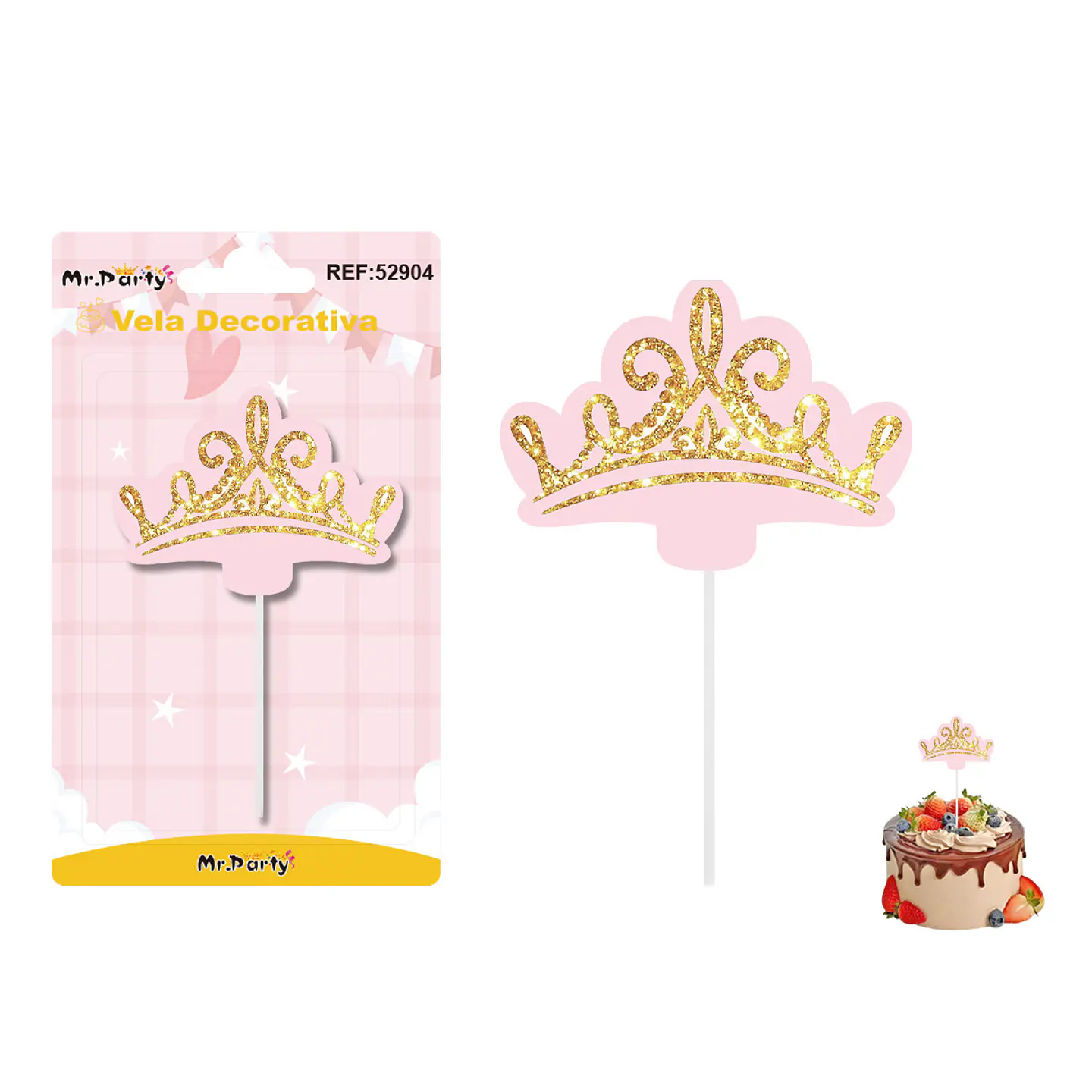 Vela decorativa diseño corona rosado y dorado 6*4.2cm 1