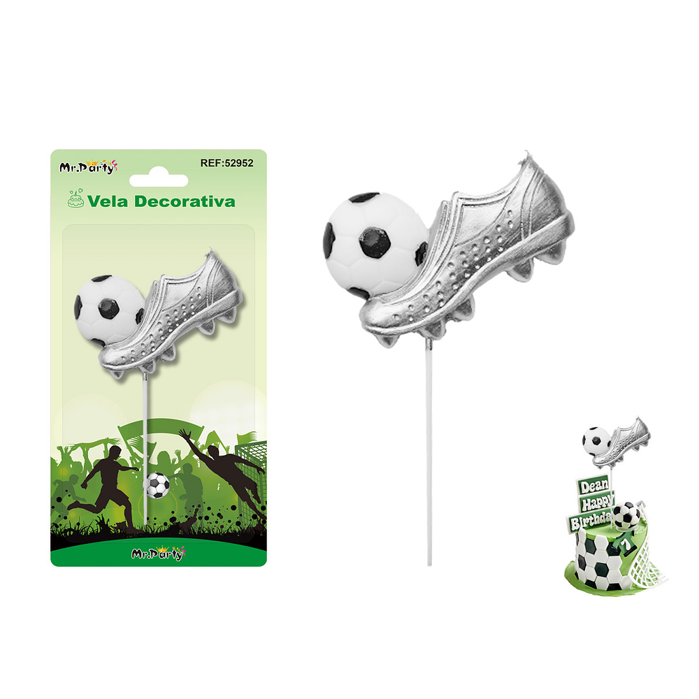 Vela de fútbol con zapato plateada 8cm