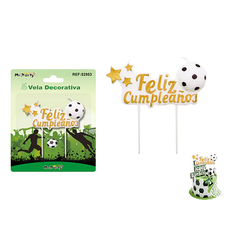 Vela de fútbol feliz cumpleaños dorada 10.5*5cm