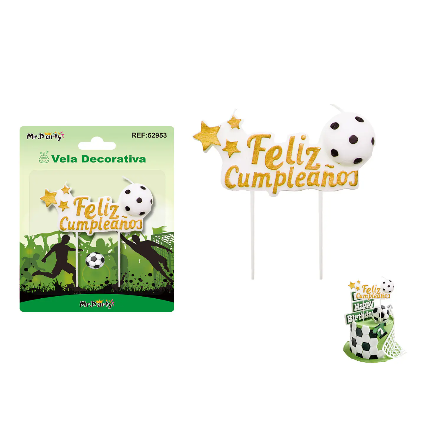 Vela de fútbol feliz cumpleaños dorada 10.5*5cm 1