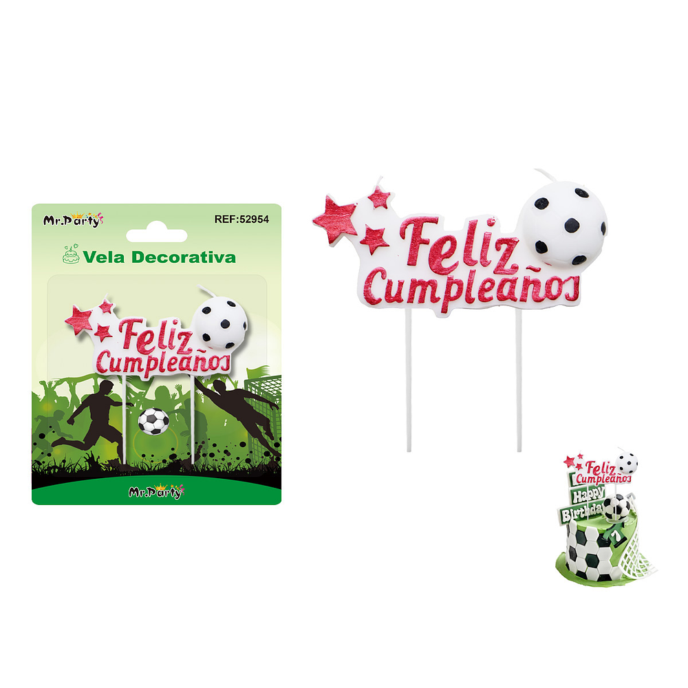 Vela de fútbol feliz cumpleaños roja 10.5*5cm