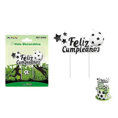 Vela de fútbol feliz cumpleaños negro 10.5*5cm