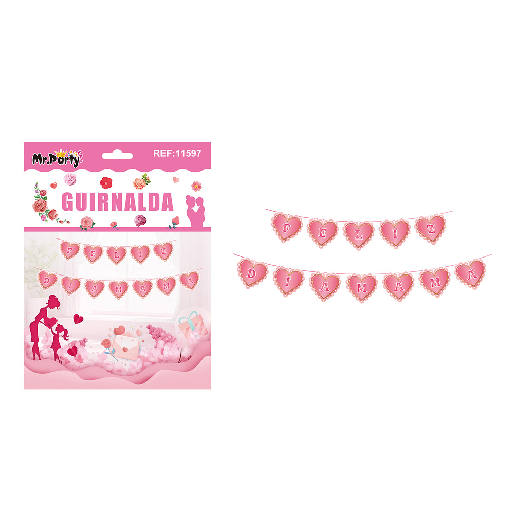 Guirnalda de corazón Feliz Día Mamá rosado 12pcs