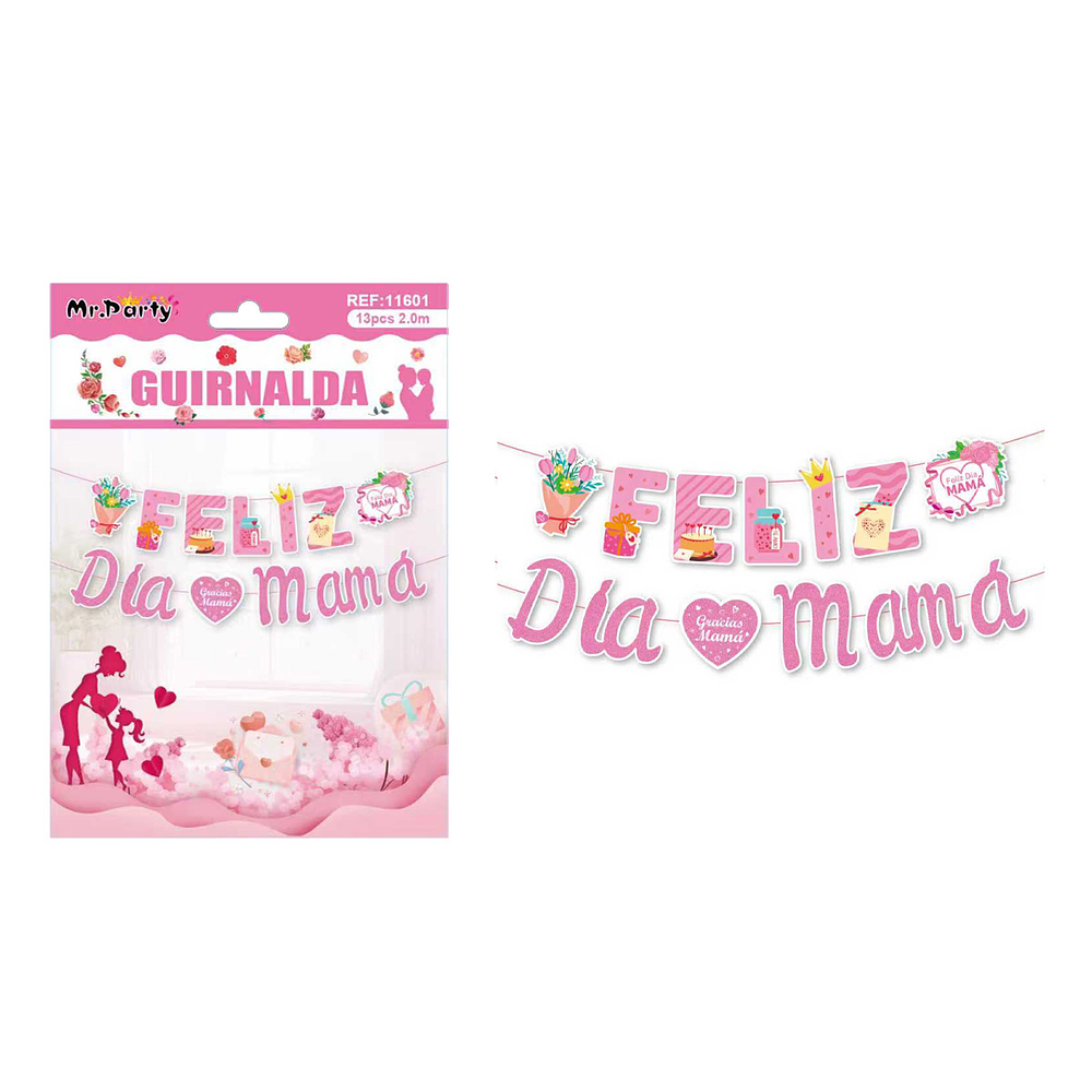 Guirnalda Feliz Día Mamá rosado 13pcs 2M