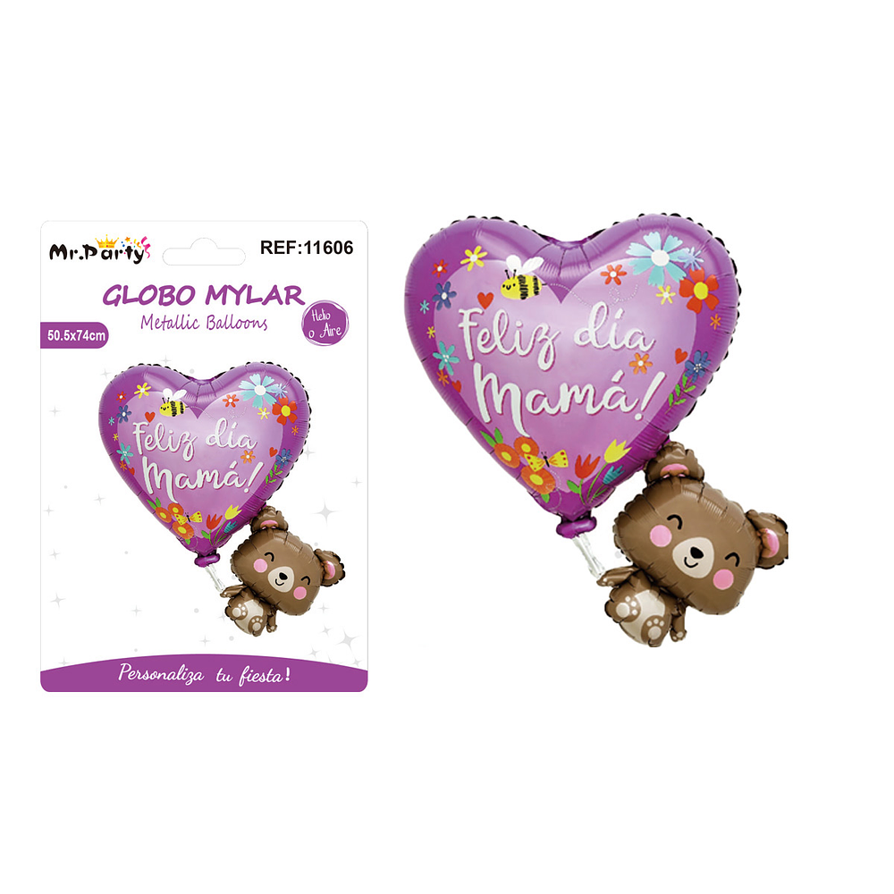 Globo metálico Feliz Día Mamá corazón con osito 50.5*74cm