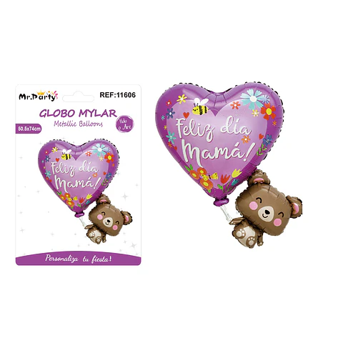 Globo metálico Feliz Día Mamá corazón con osito 50.5*74cm