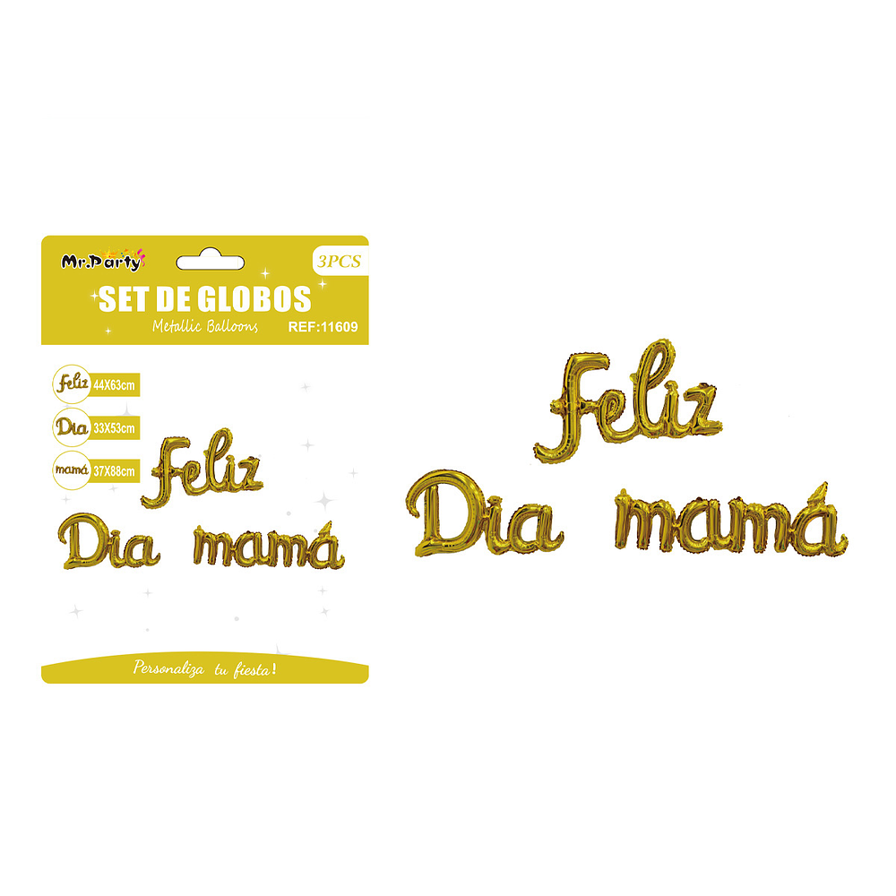 Letras metálico Feliz Día Mamá dorado 3pcs