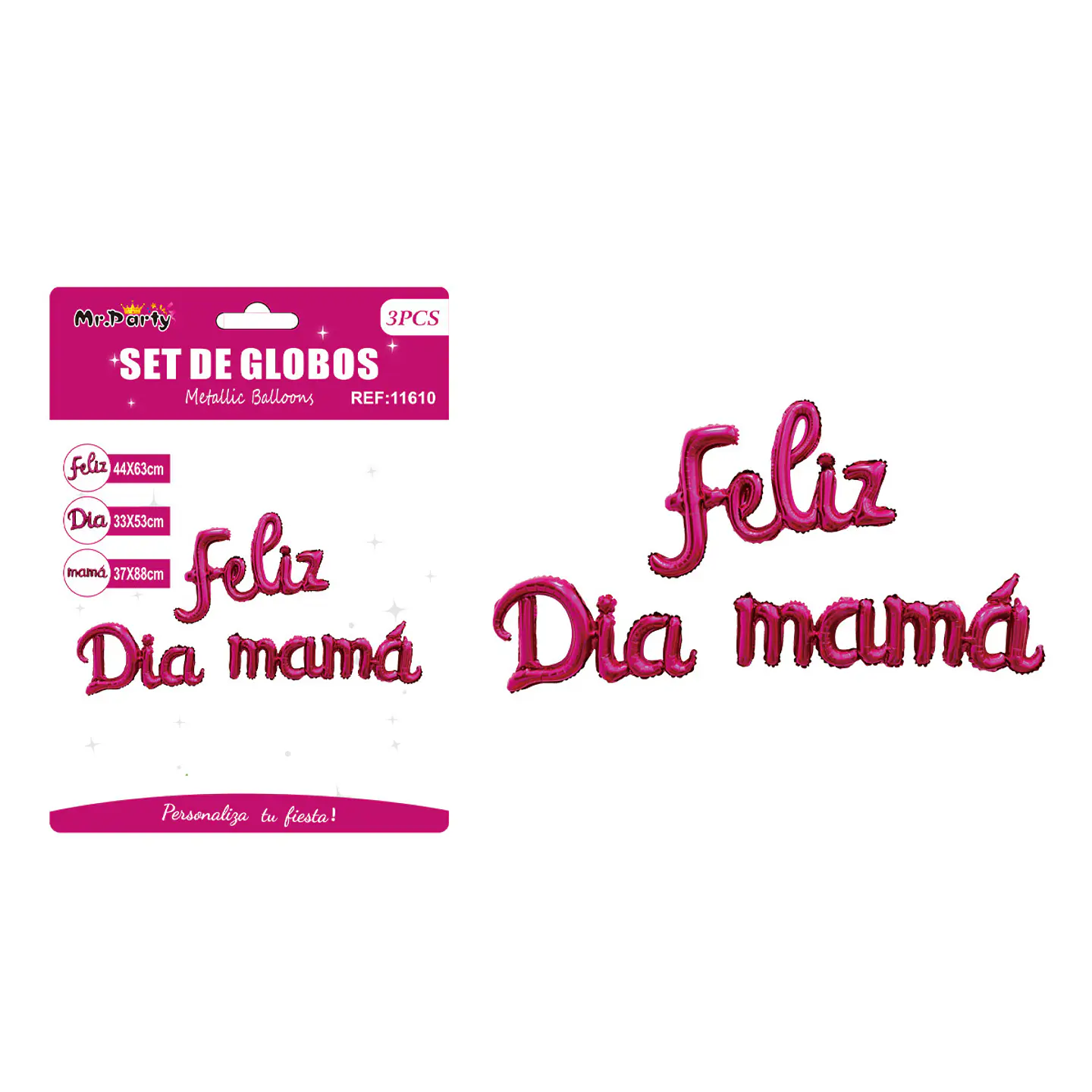 Letras metálico Feliz Día Mamá fucsia 3pcs 1