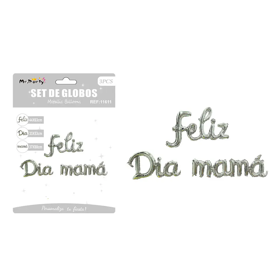 Letras metálico Feliz Día Mamá plateado 3pcs 1