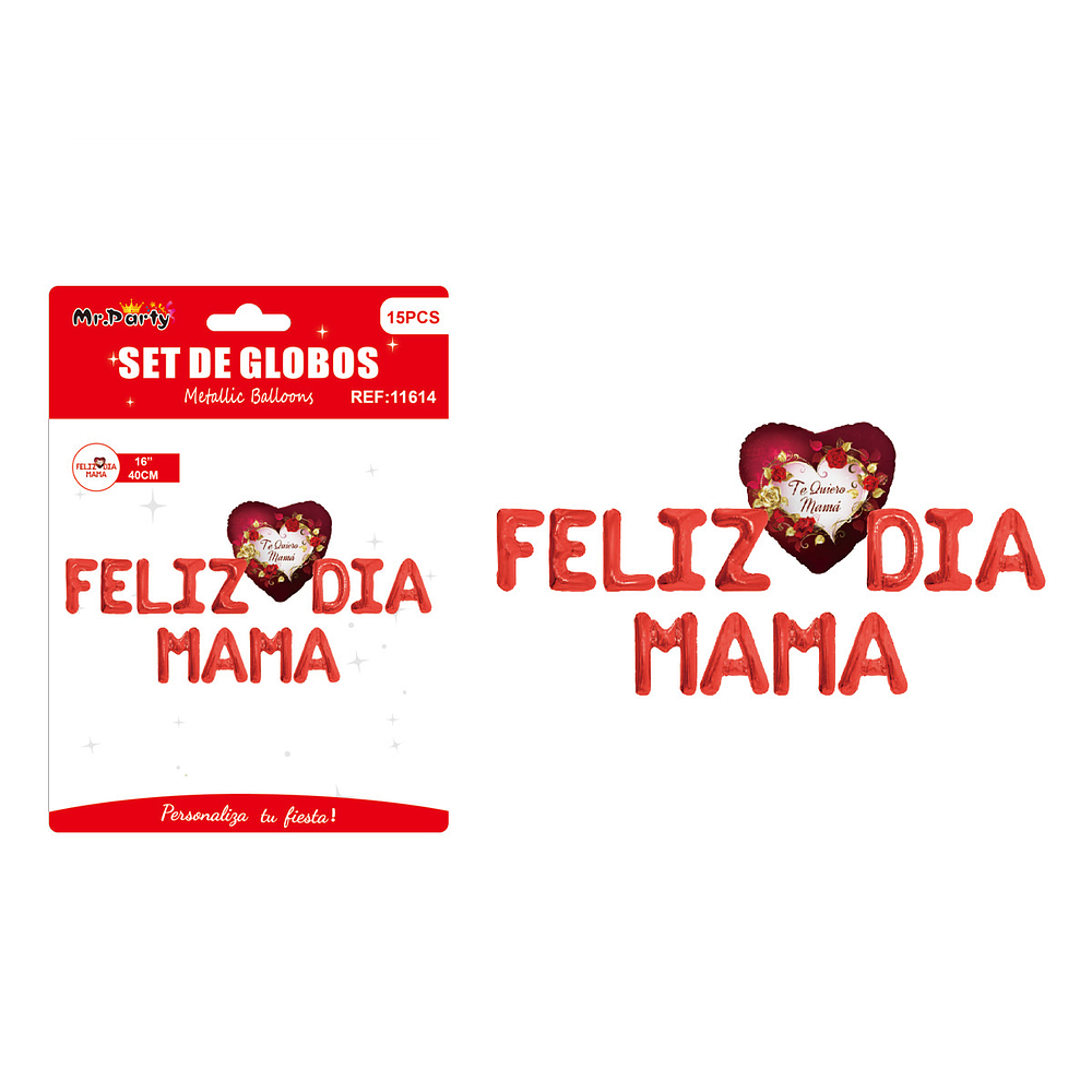 Letras metálico Feliz Día Mamá con corazón rojo
