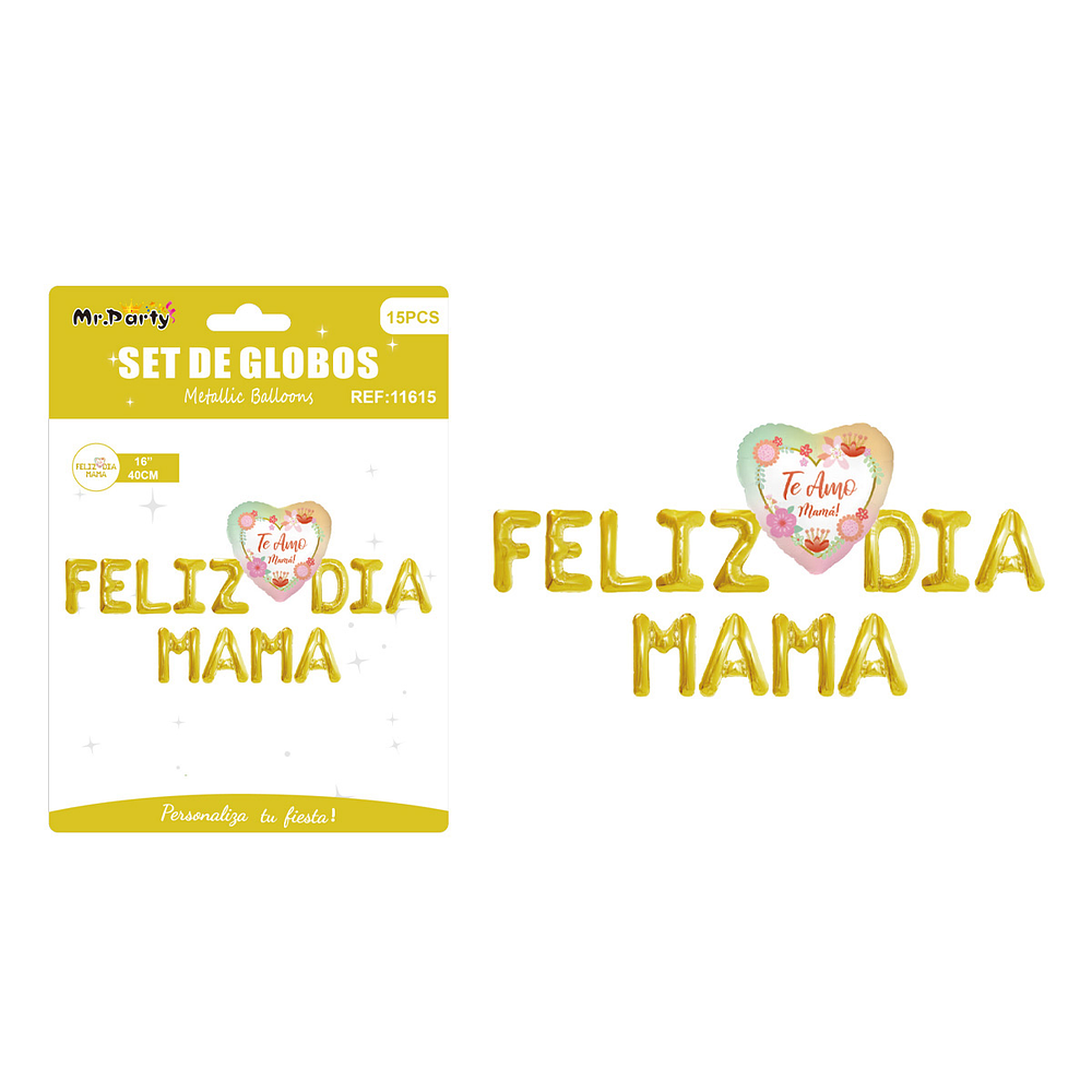 Letras metálico Feliz Día Mamá con corazón dorado