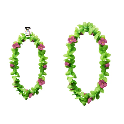 Collar hawaiano verde con flor fucsia