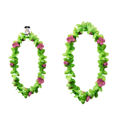 Collar hawaiano verde con flor fucsia