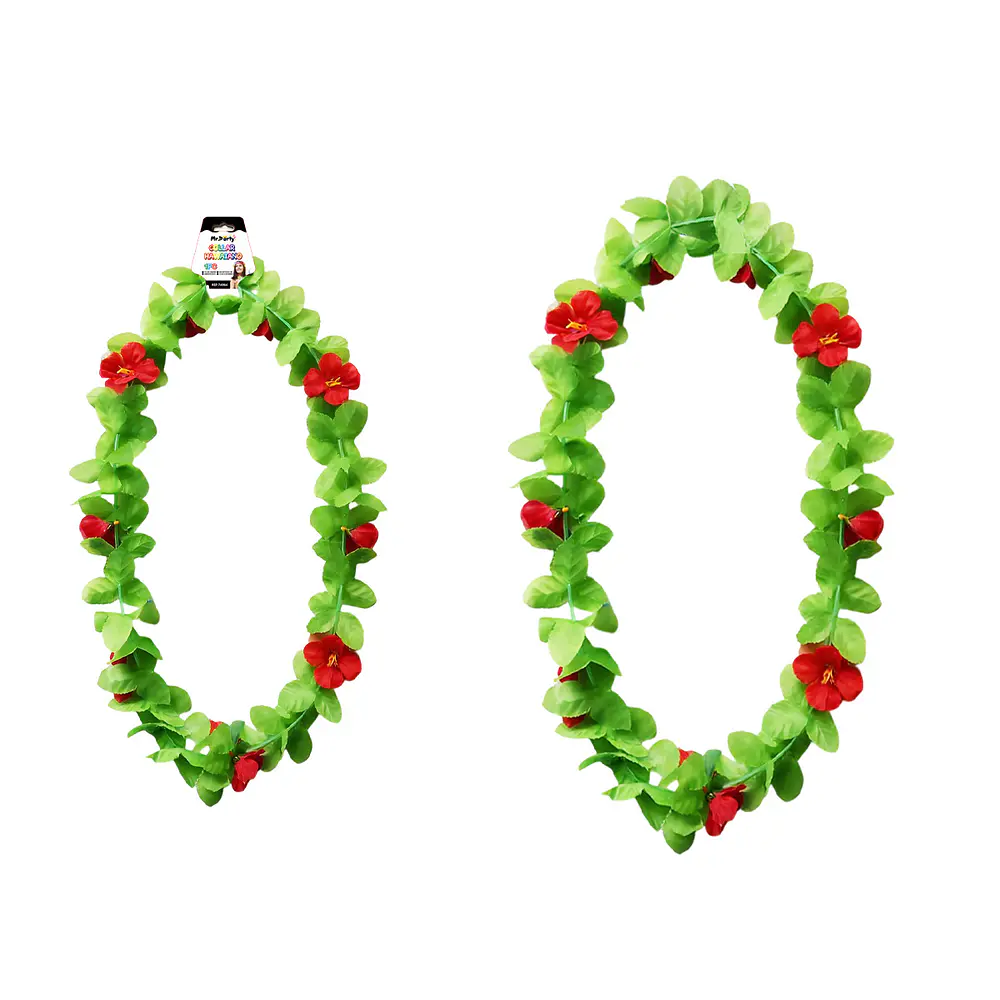 Collar hawaiano verde con flor rojo