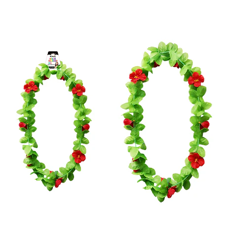 Collar hawaiano verde con flor rojo
