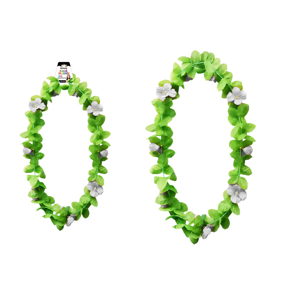 Collar hawaiano verde con flor blanca