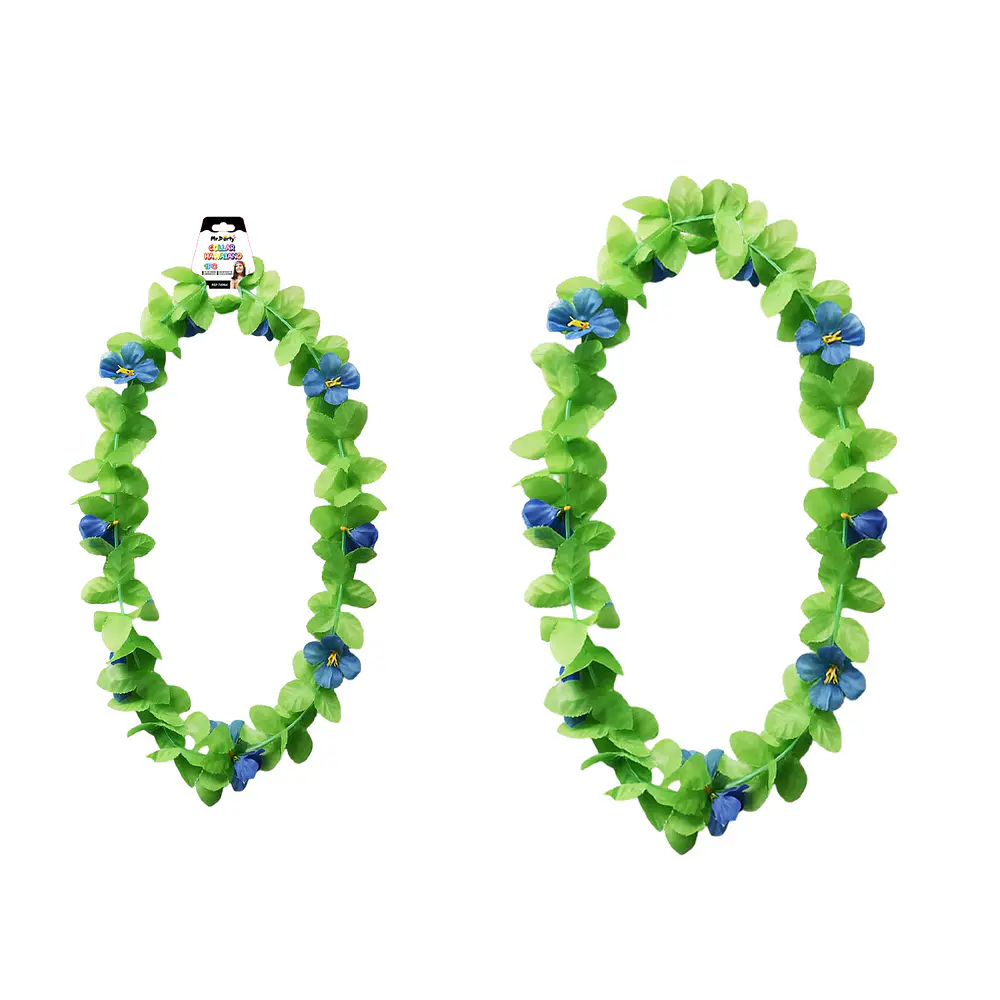 Collar hawaiano verde con flor azul