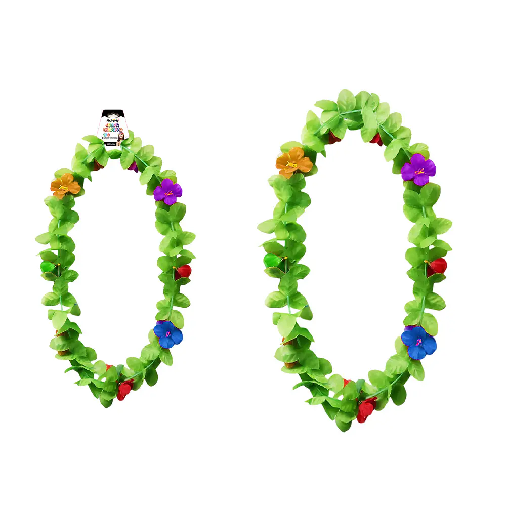 Collar hawaiano verde con flor multicolor