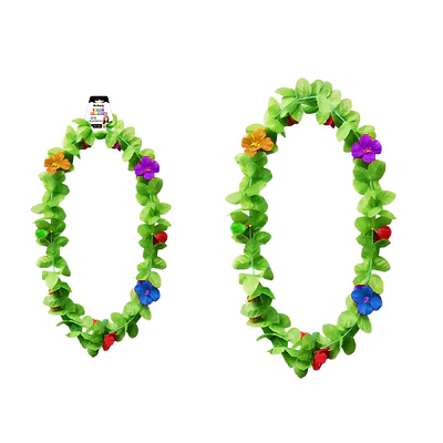 Collar hawaiano verde con flor multicolor