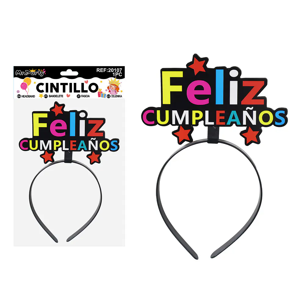 Cintillo Feliz Cumpleaños con estrella multicolor