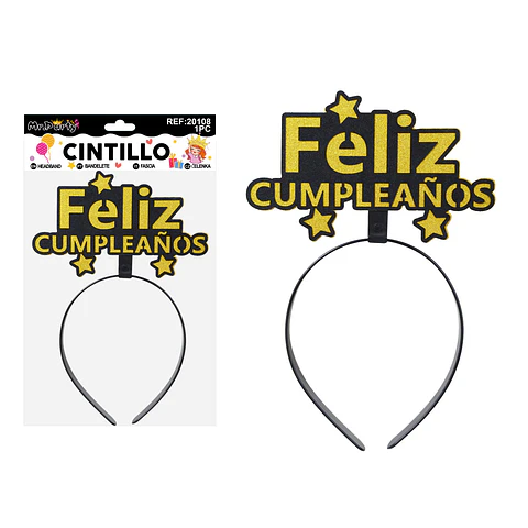 Cintillo Feliz Cumpleaños con glitter dorado