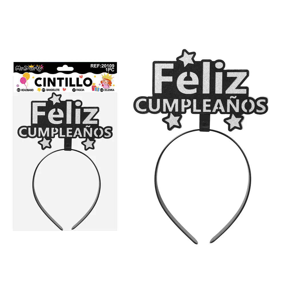 Cintillo Feliz Cumpleaños con glitter plateado