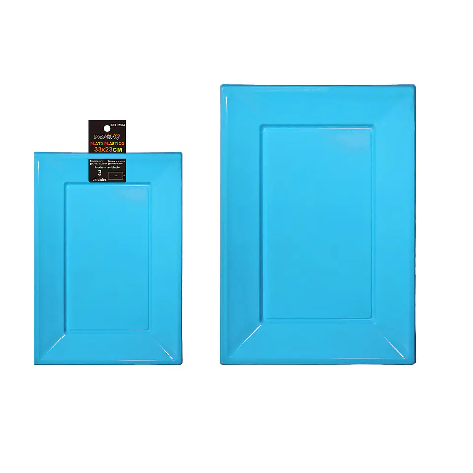 Plato rectangular de plástico azul 33*23cm 35g 3pcs 1
