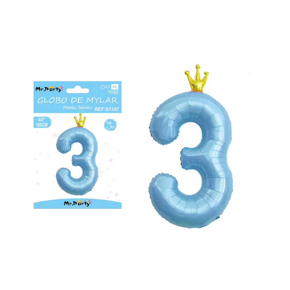 Globo metálico celeste 100cm número 3