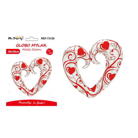 Globo metálico corazón estampado plateado y rojo 98*108cm