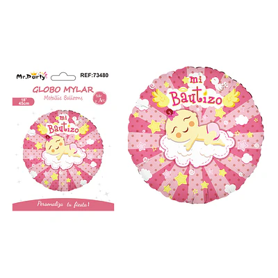 Globo metálico redondo de bautizo niña 45cm