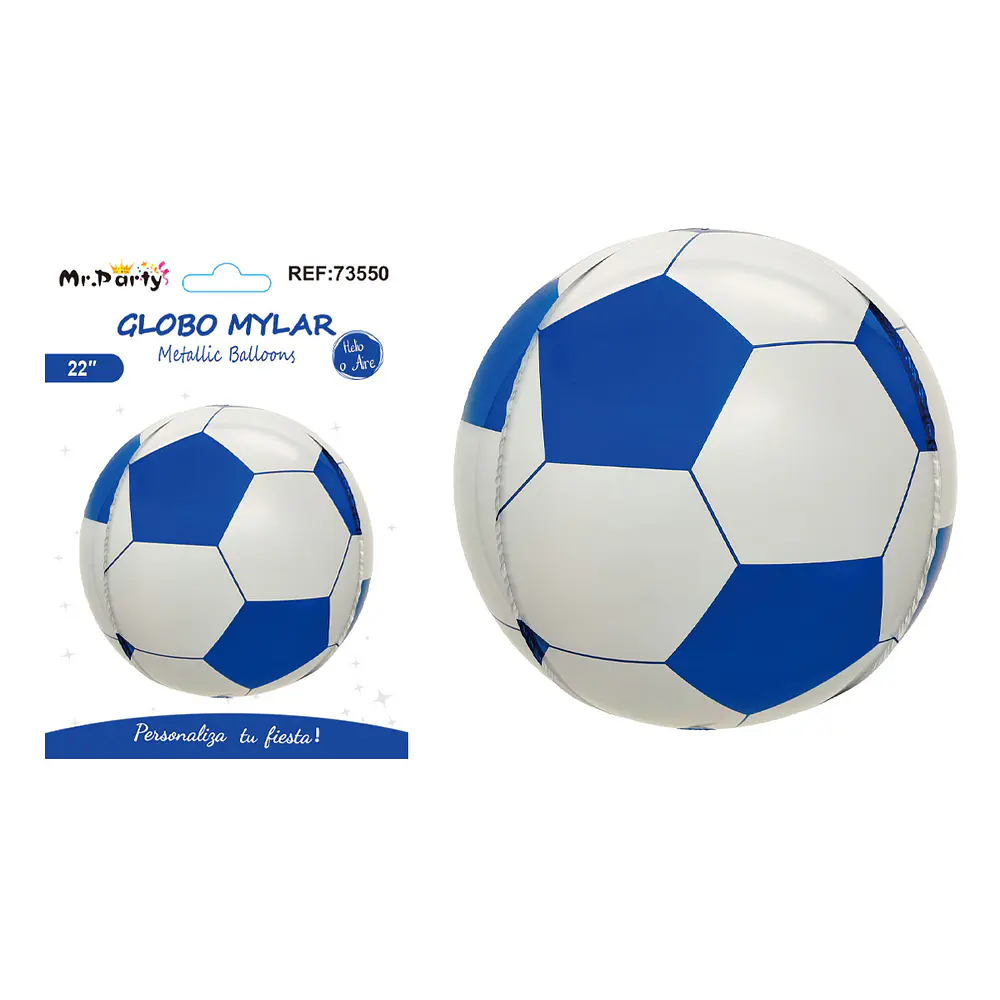 Globo metálico esfera 4D fútbol azul y blanco 22 pulgadas