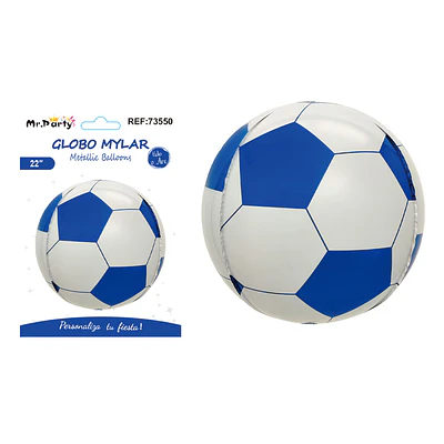 Globo metálico esfera 4D fútbol azul y blanco 22 pulgadas