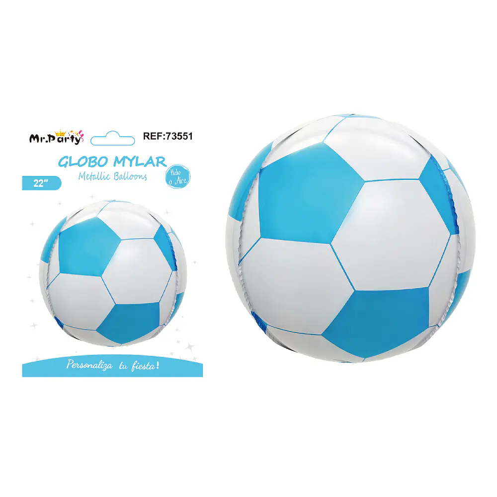 Globo metálico esfera 4D fútbol celeste y blanco 22 pulgadas