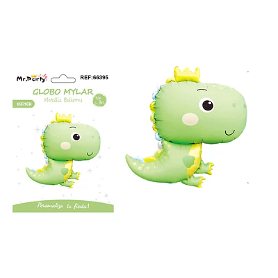 Globo metálico de dinosaurio verde claro con corona 65x79cm