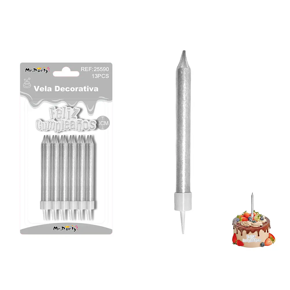 Velas rectas metálicas plateadas 8cm 12pcs