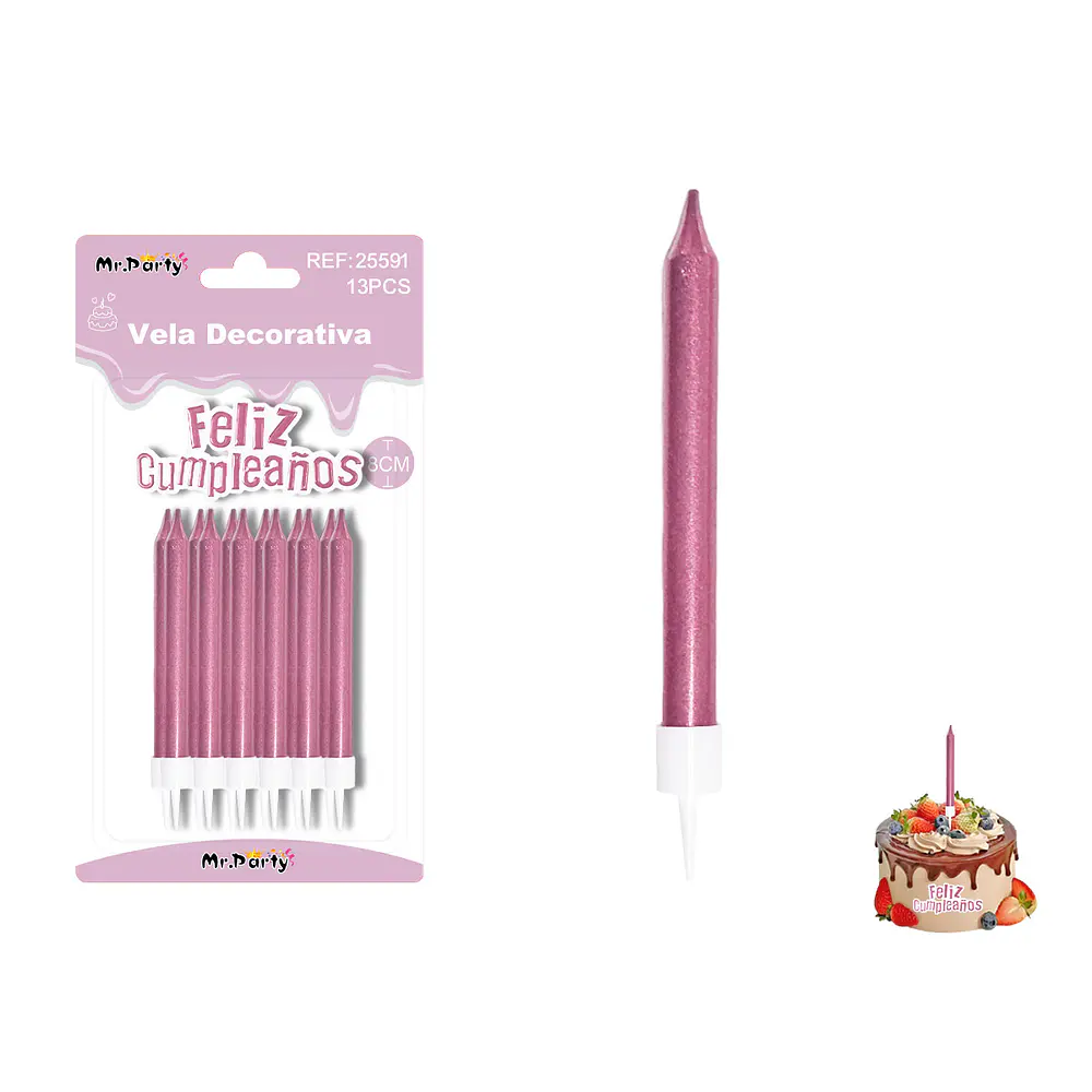 Velas rectas metálicas rosadas 8cm 12pcs