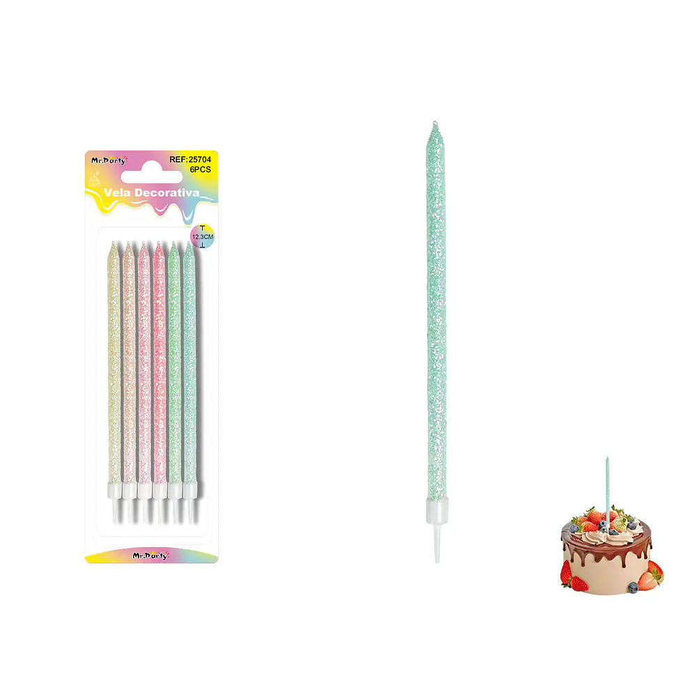 Velas largas rectas con brillo surtidas 20cm 6pcs