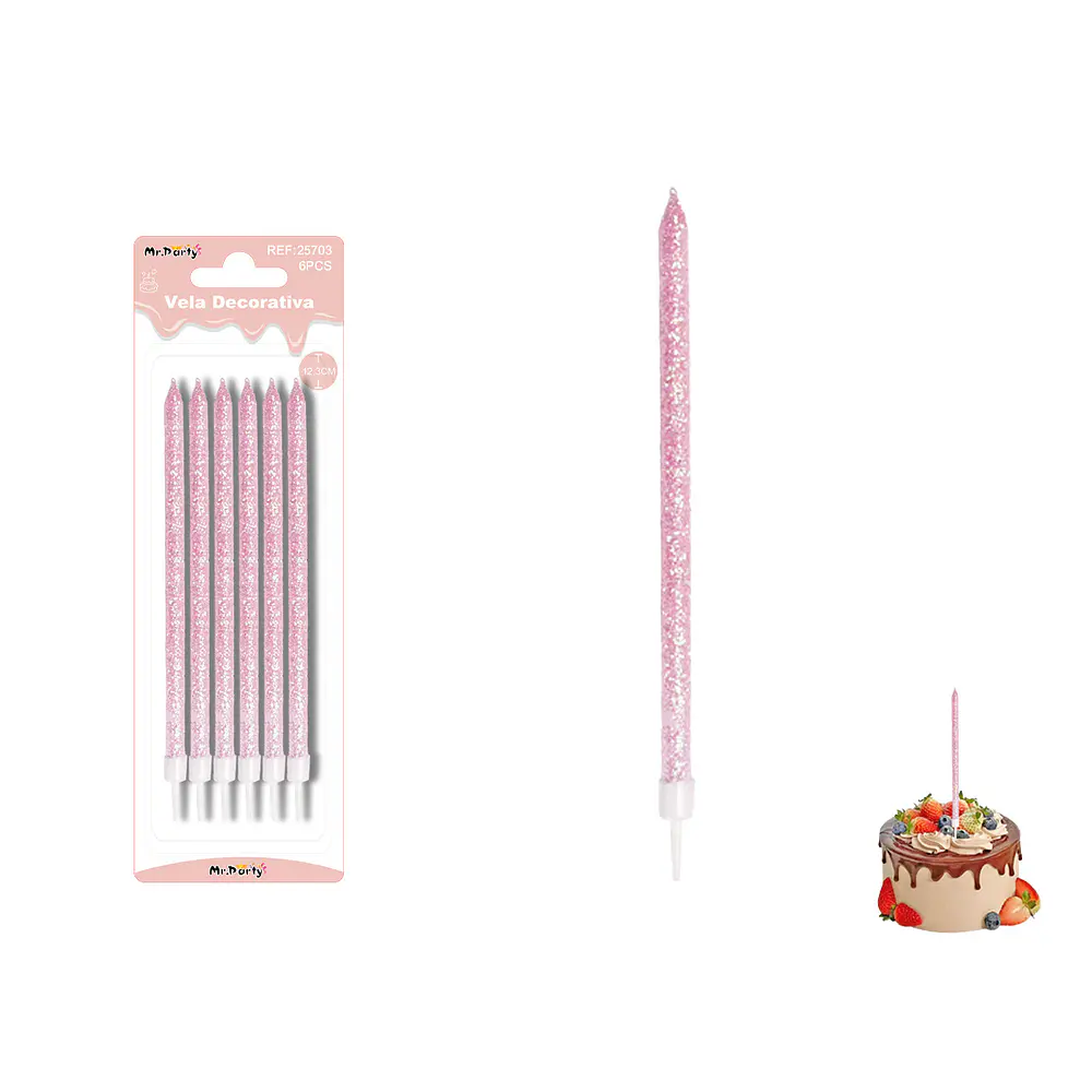 Velas largas rectas con brillo rosado 20cm 6pcs