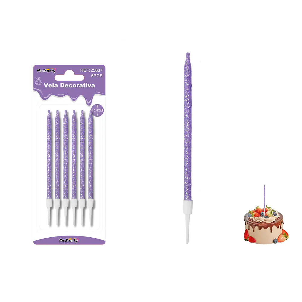 Velas rectas con brillo morado 10.5cm 6pcs