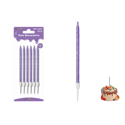 Velas rectas con brillo morado 10.5cm 6pcs